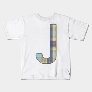 Monogram Letter J, Blue, Yellow and Grey Scottish Tartan Style Typography Design Kids T-Shirt